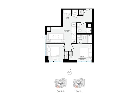 Floor plan for 2 beds, 2 baths, 681 sqft